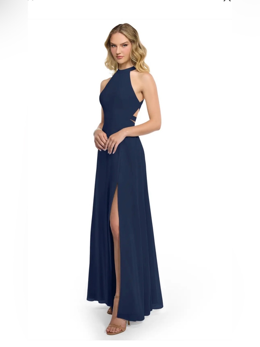 Azazie NWT Clarice Halter Open Back Gown Navy Chiffon 12